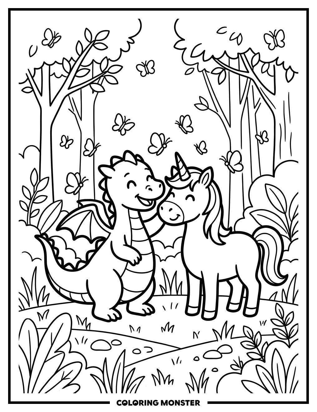 Dragon And Unicorn Friends Coloring Page