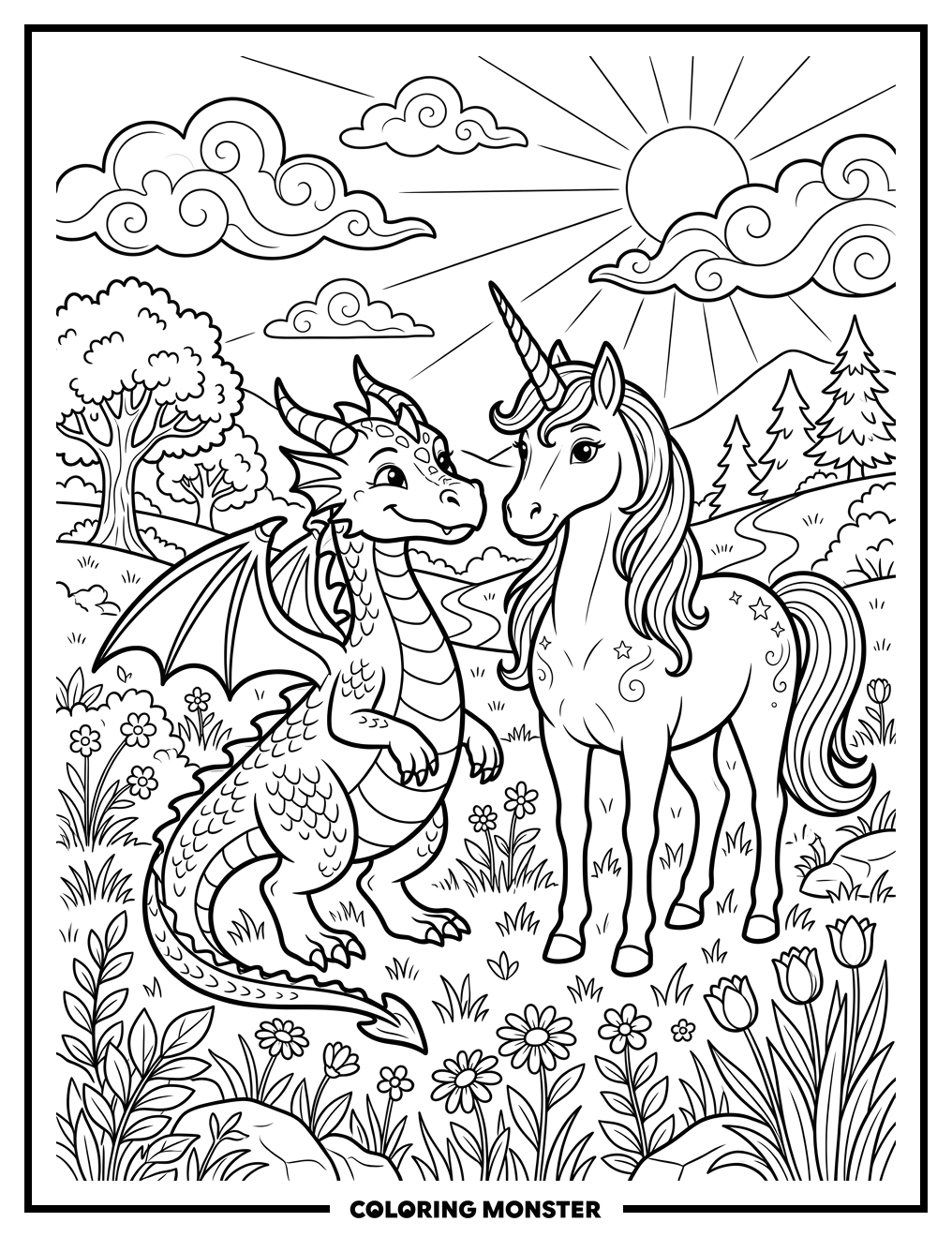 Dragon and Unicorn in Magical Meadow Coloring Page