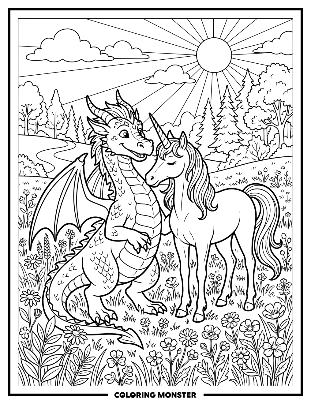 Dragon and Unicorn in Sunny Meadow Coloring Page