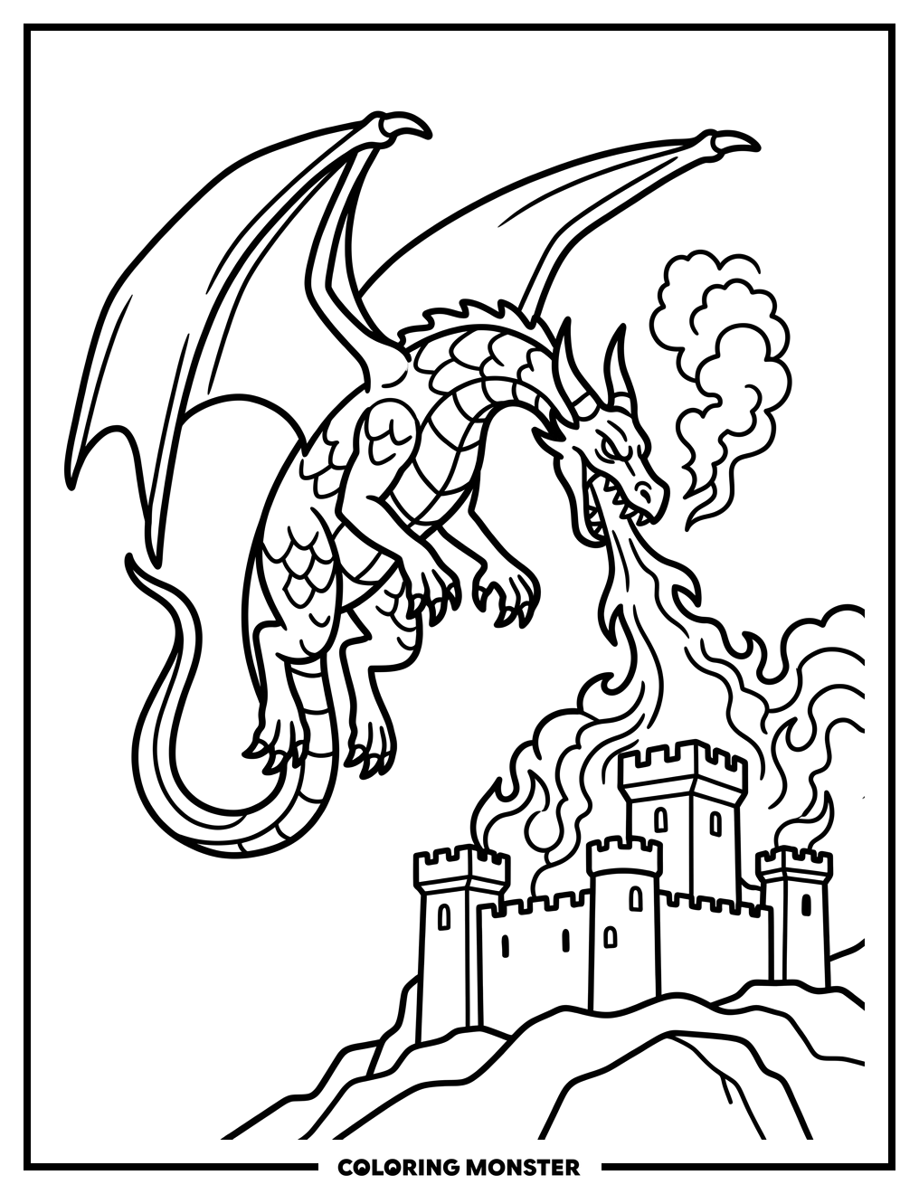 Dragon Attacking Castle Coloring Page