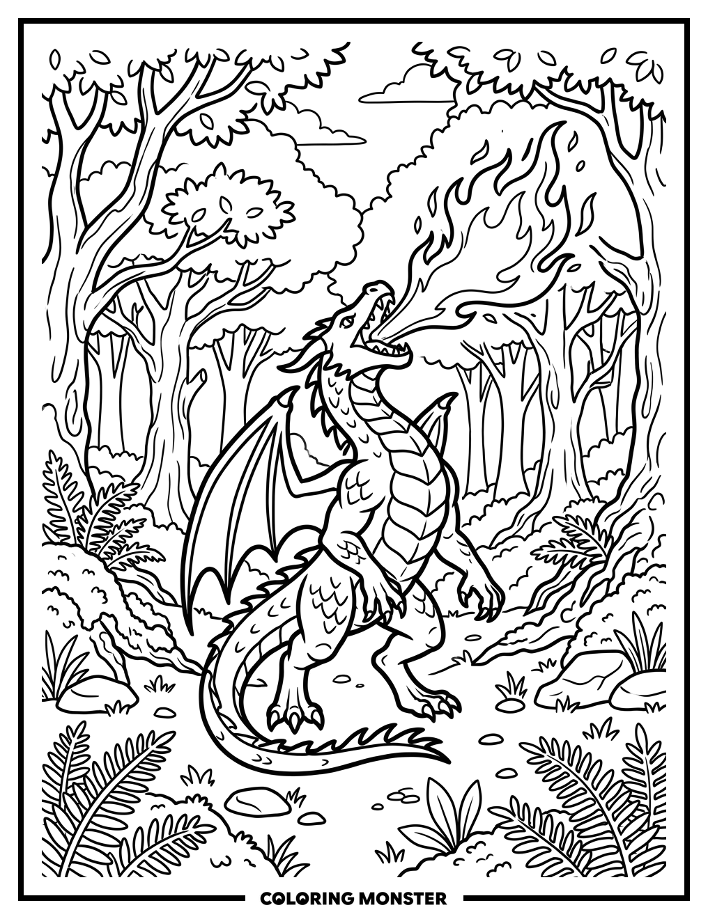 Dragon Breathing Fire in Forest Coloring Page