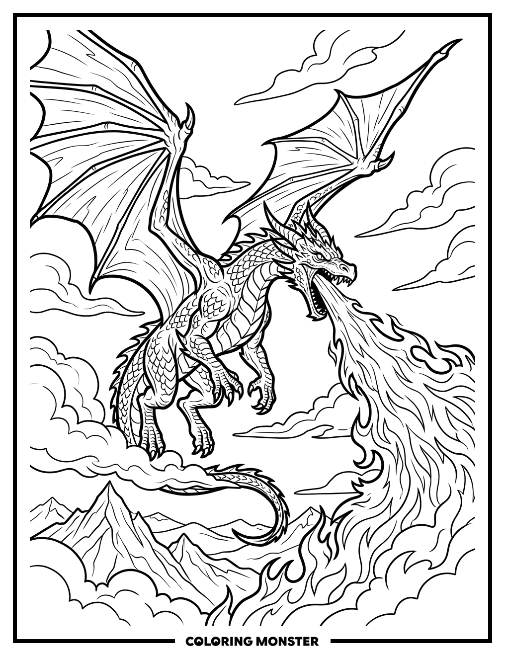 Dragon Breathing Fire in Sky Coloring Page