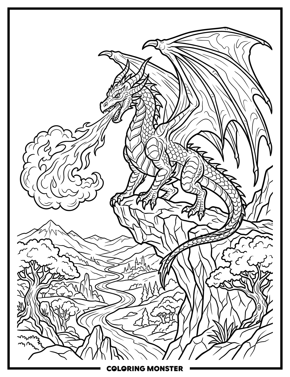 Dragon Breathing Fire Over Valley Coloring Page
