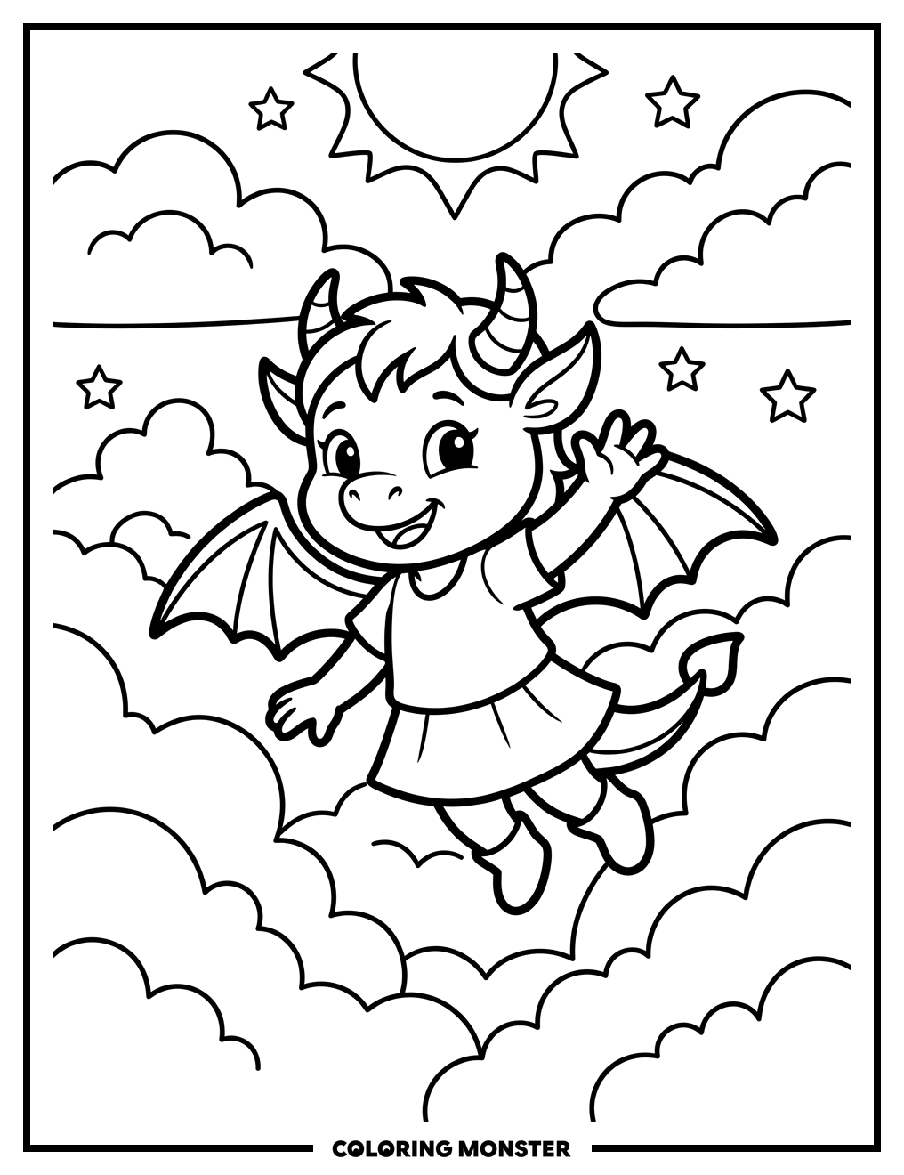 Dragon Girl Flying in Clouds Coloring Page