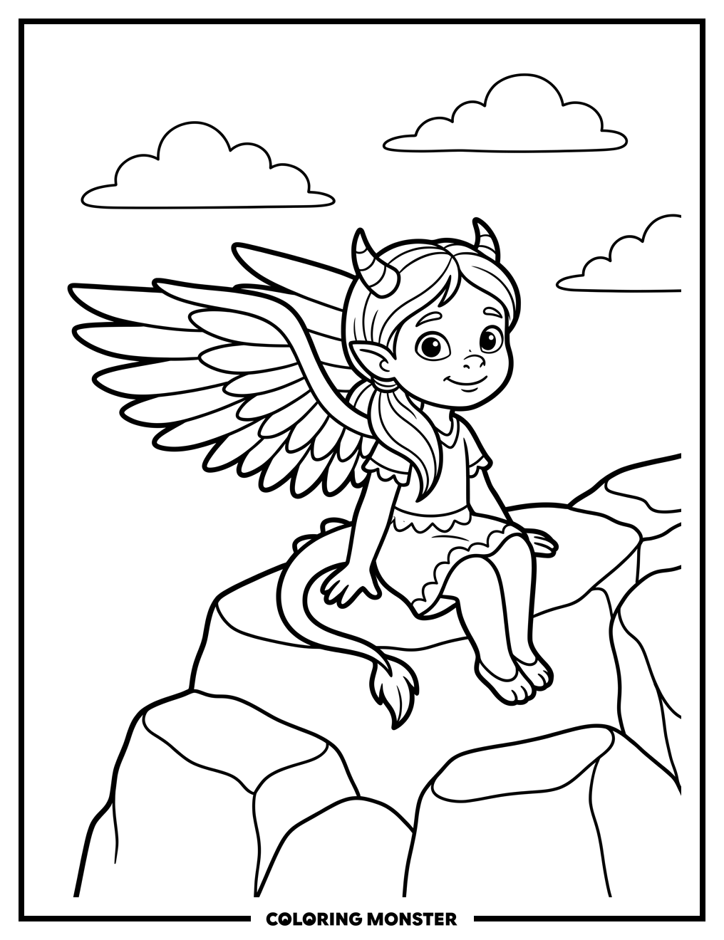 Dragon Girl on Rocky Outcrop Coloring Page