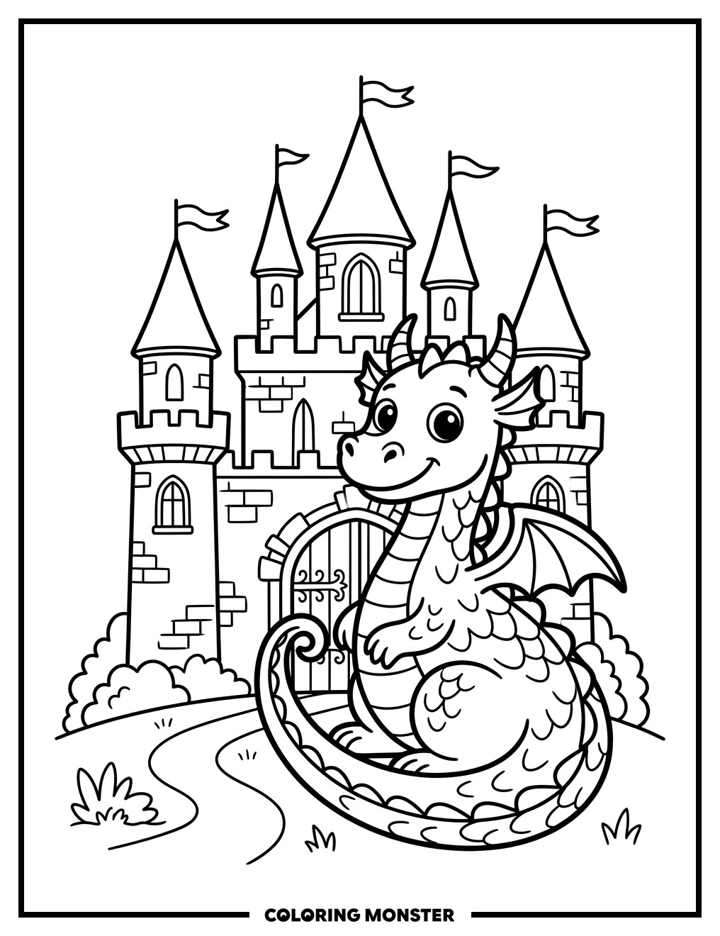 Dragon Guarding Fairytale Castle Coloring Page