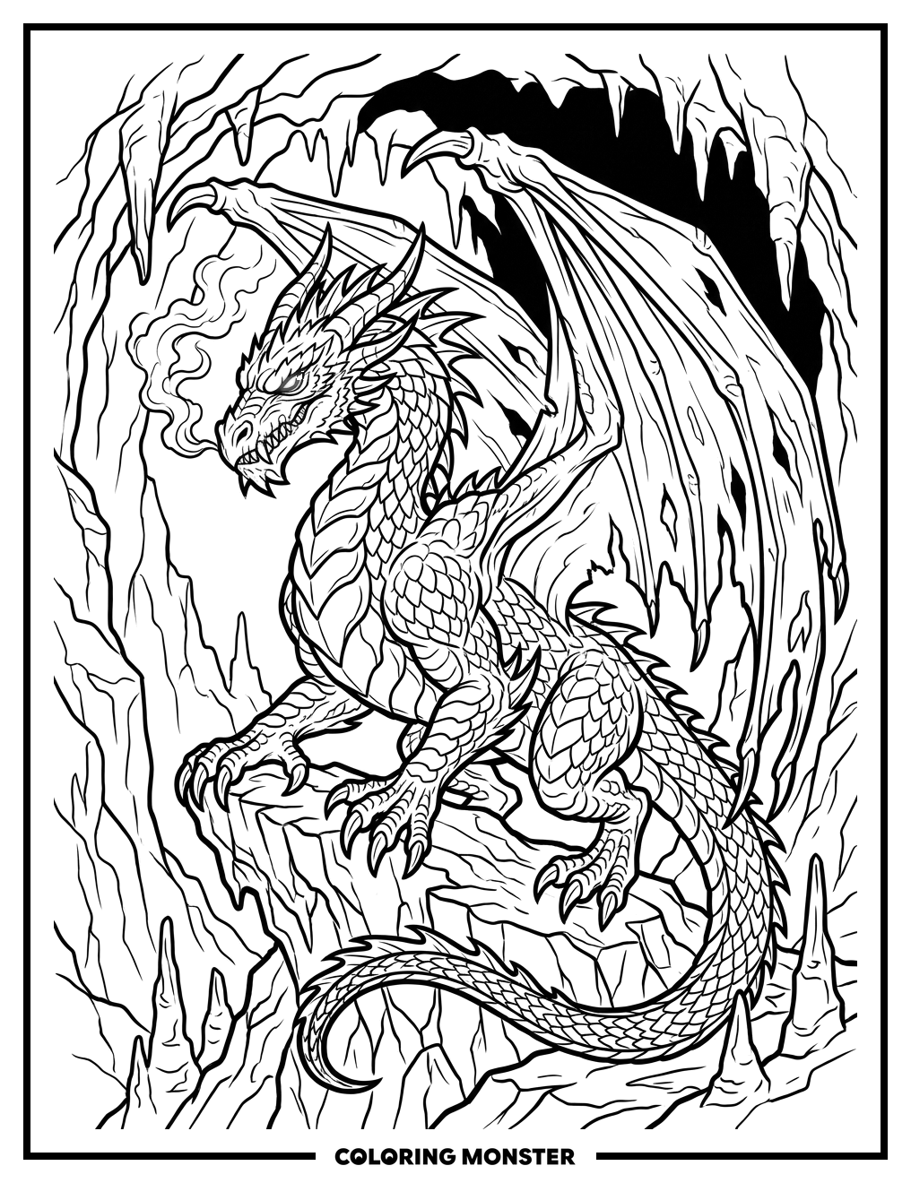Dragon in a Mountain Cave Coloring Page