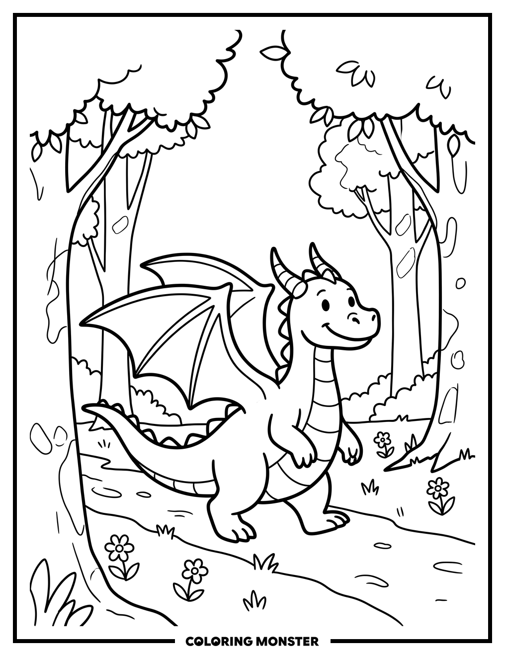 Dragon in Sun-Dappled Forest Coloring Page