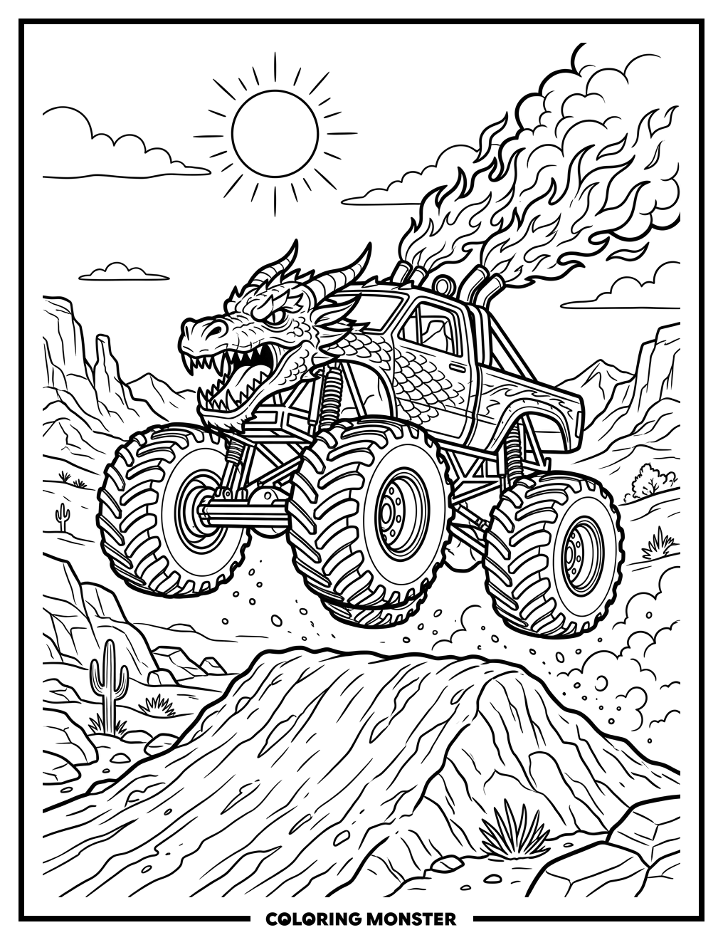 Dragon Monster Truck Mid-Air Coloring Page