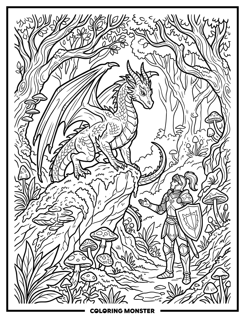 Dragon Offering Peace in Enchanted Forest Coloring Page