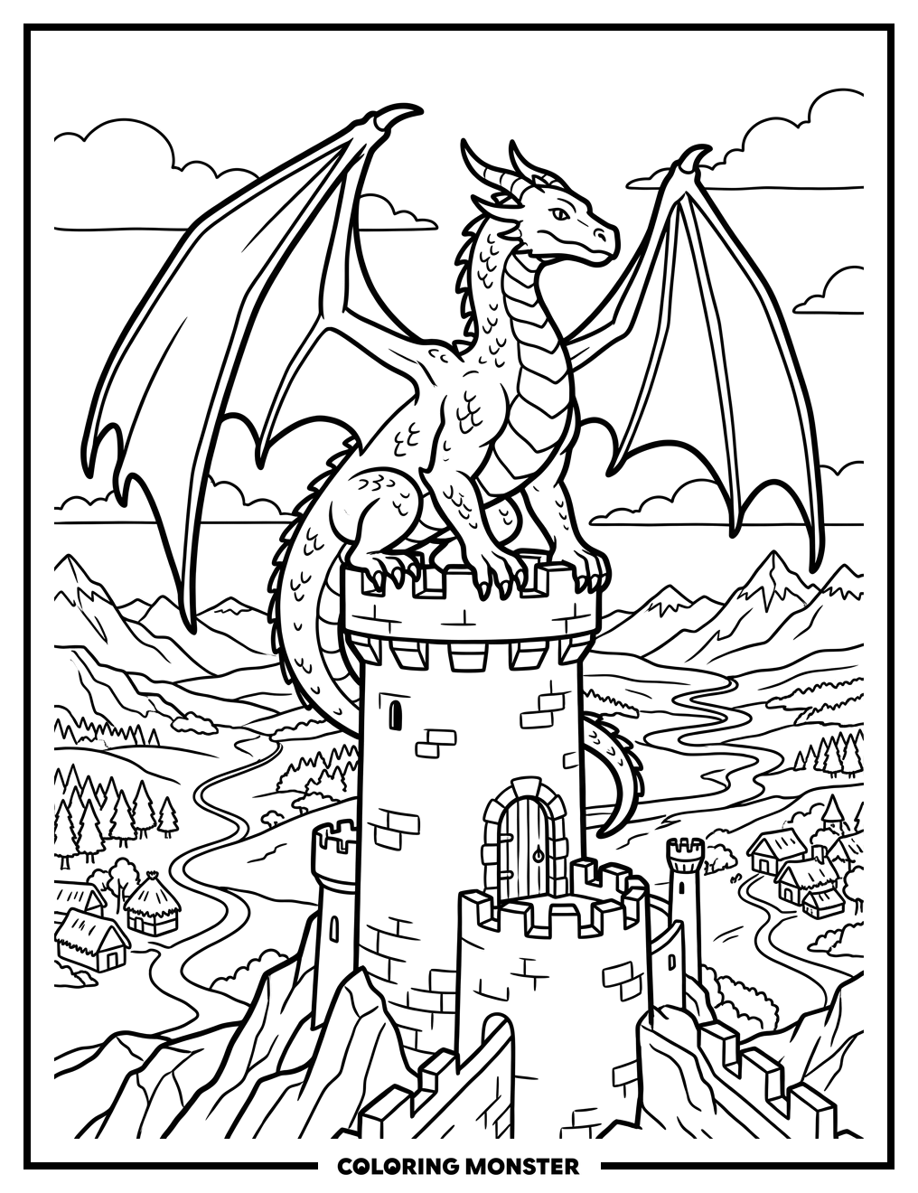 Dragon on Castle Tower Coloring Page