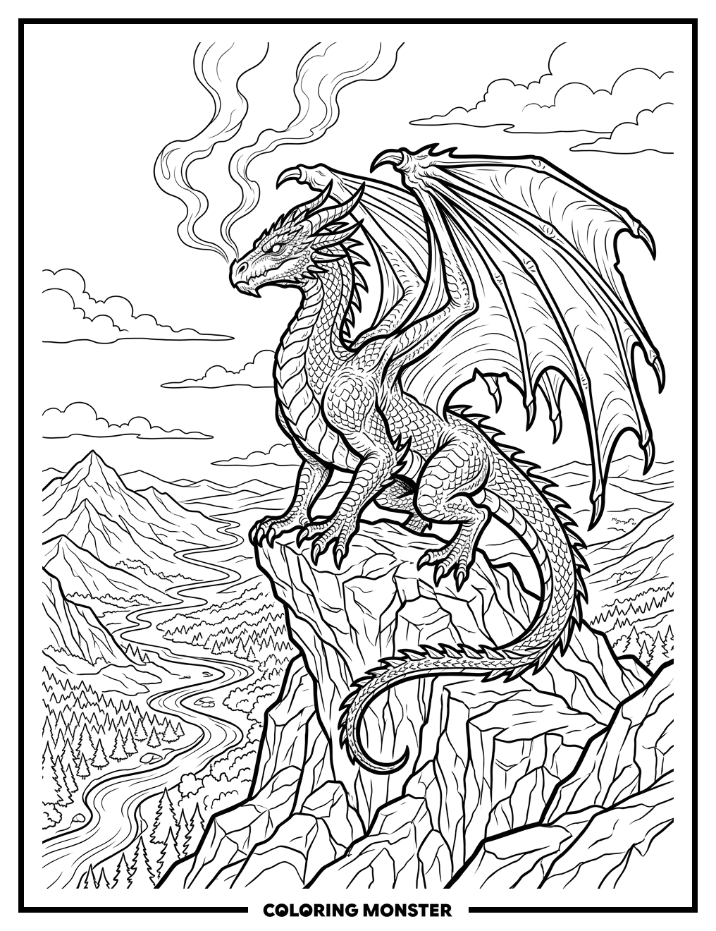 Dragon on Mountain Peak Coloring Page