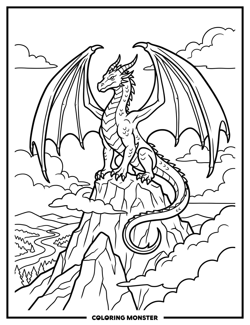 Dragon on Mountain Peak Coloring Page