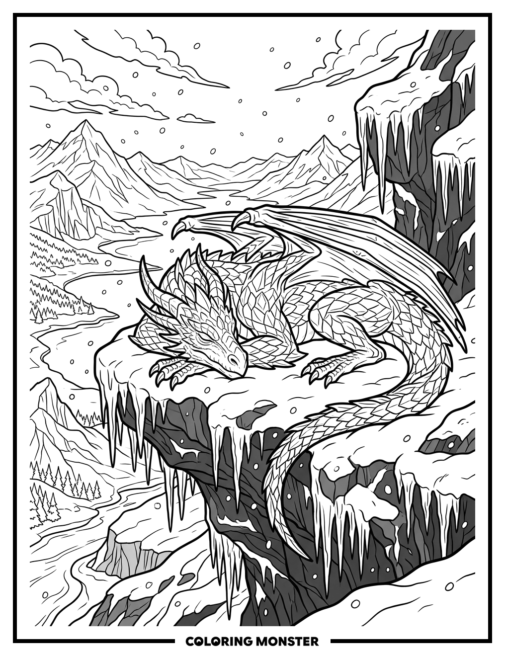 Dragon on Snowy Cliff Coloring Page