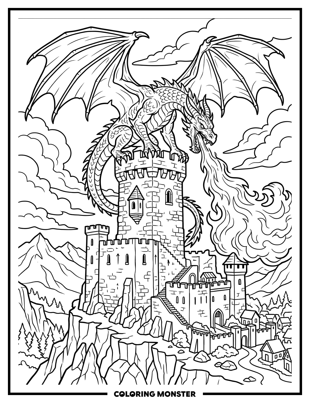Dragon Over Castle Coloring Page