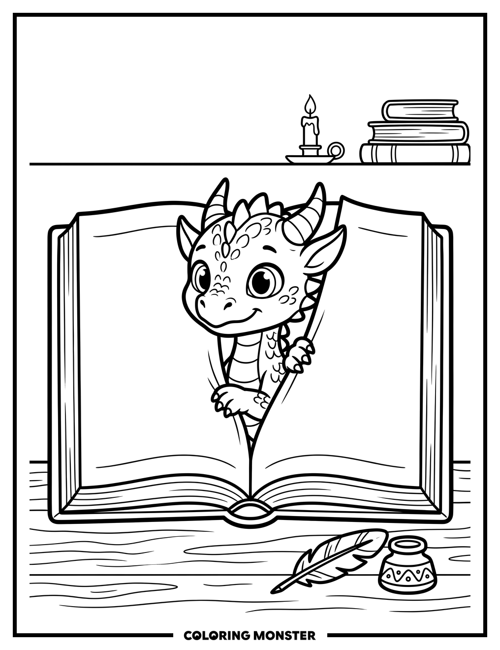 Dragon Peeking From An Open Book Coloring Page