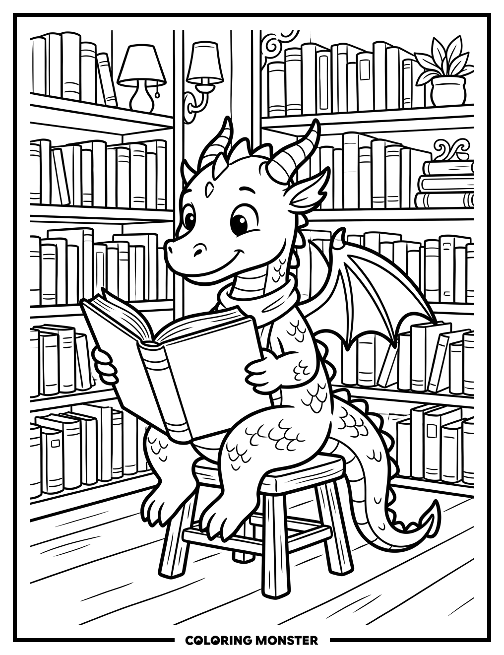 Dragon Reading in Library Coloring Page