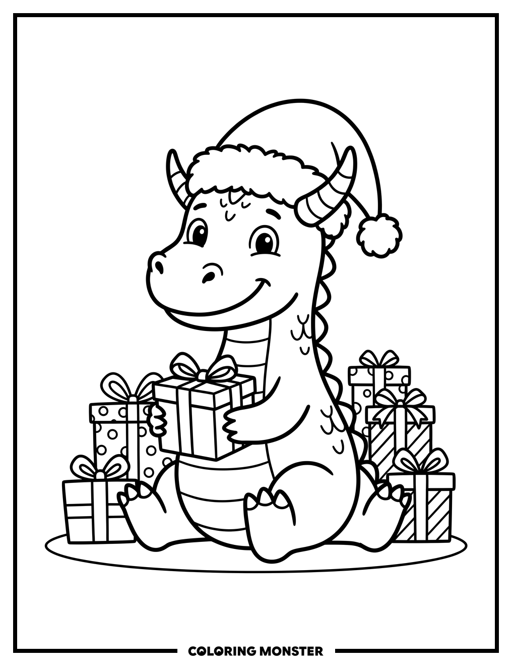 Dragon With Santa Hat and Presents Coloring Page