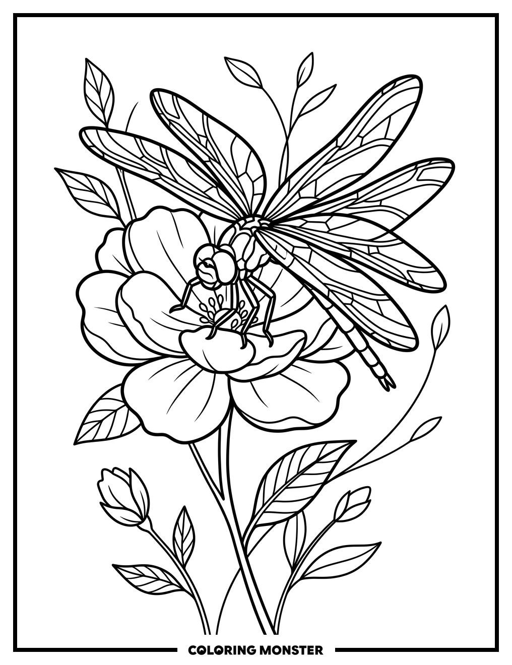 Dragonfly on a Flower Coloring Page
