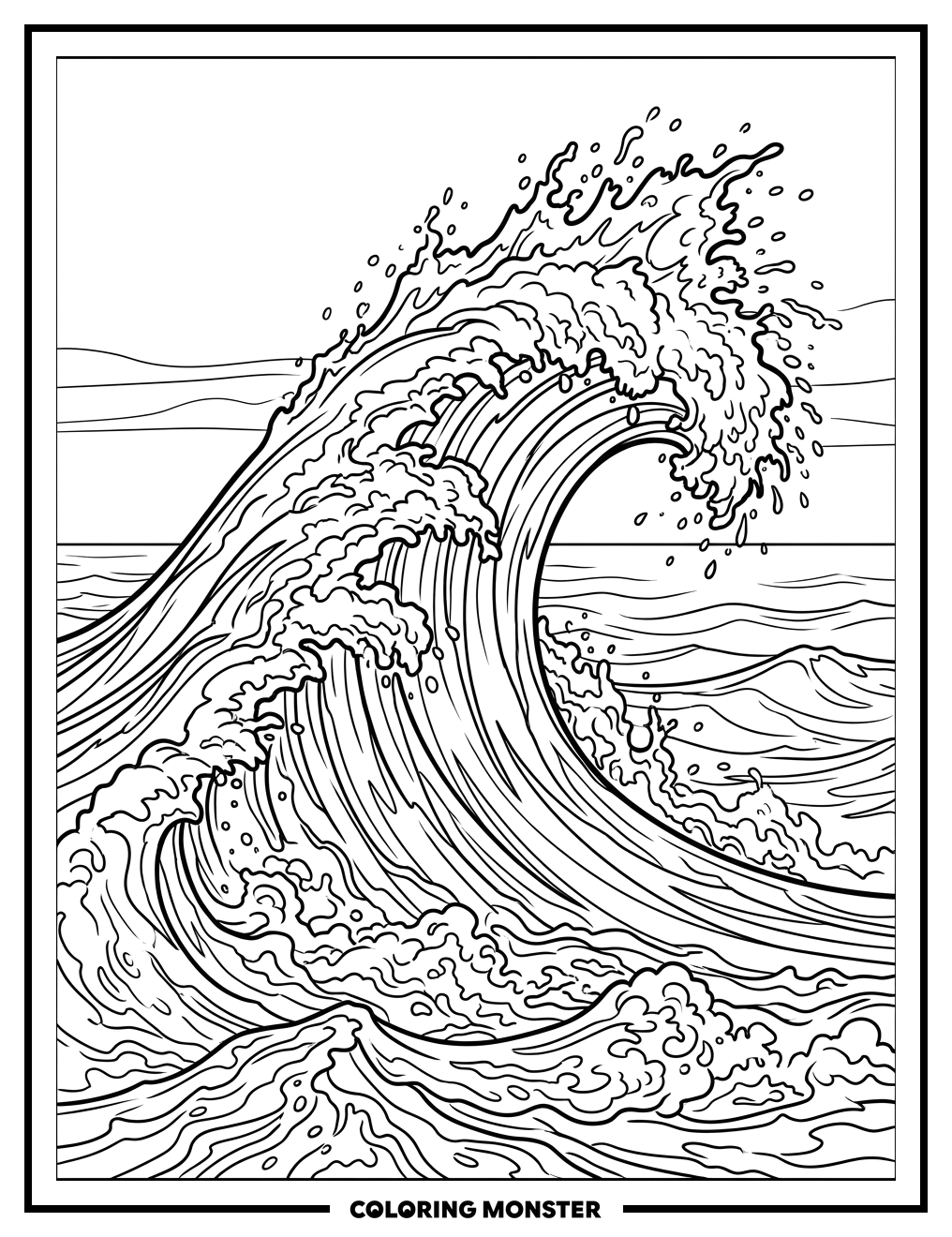 Dramatic Ocean Wave Crashing Coloring Page