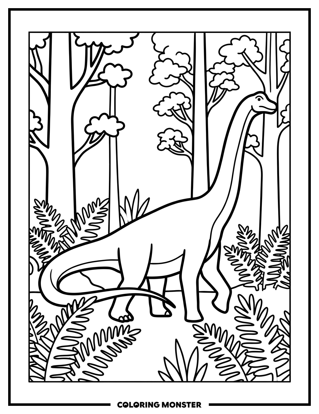 Dreadnoughtus Dinosaur in Prehistoric Forest Coloring Page
