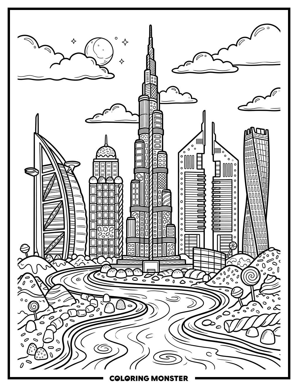 Dubai Chocolate Cityscape Coloring Page