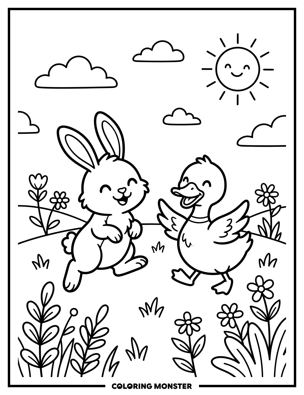 Duck and Bunny in Meadow Coloring Page
