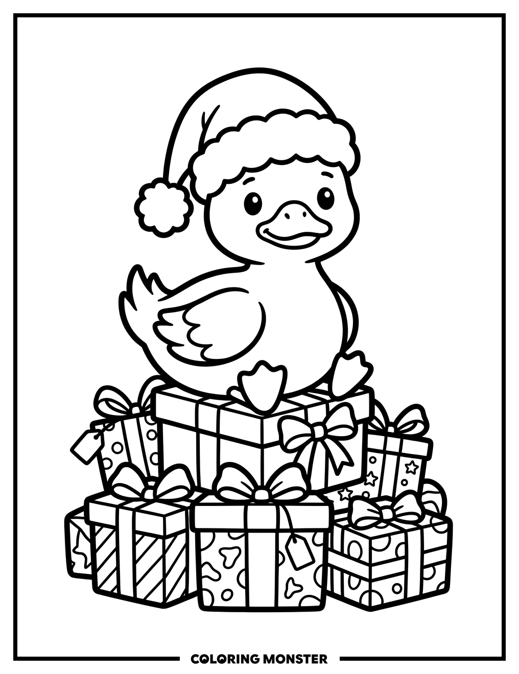 Duck in Santa Hat with Presents Coloring Page