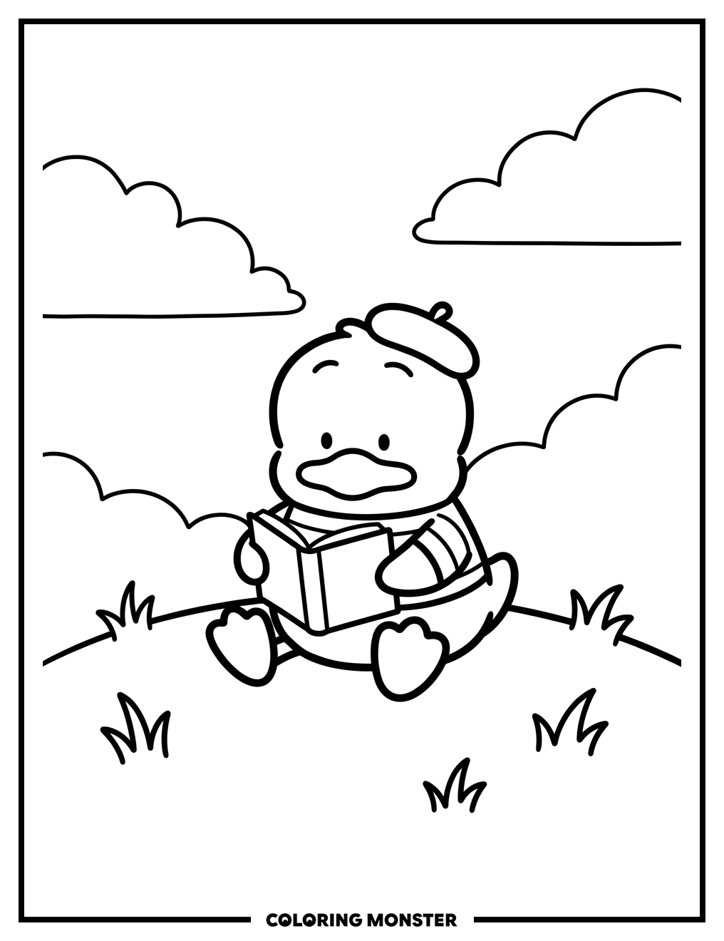 Duck Reading Book on Hill Coloring Page