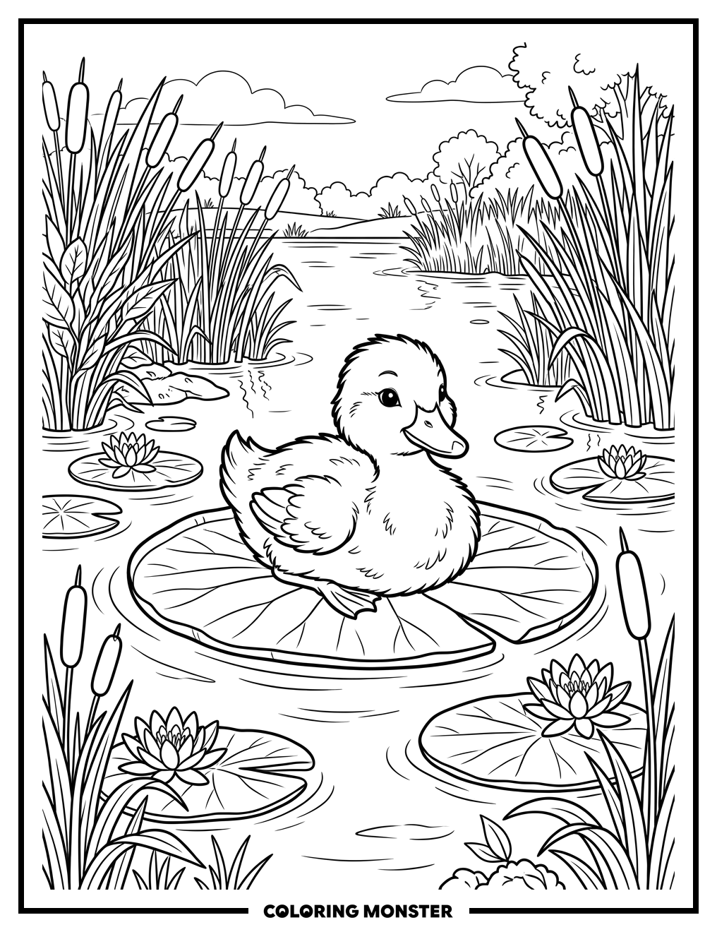 Duckling on a Lily Pad Coloring Page
