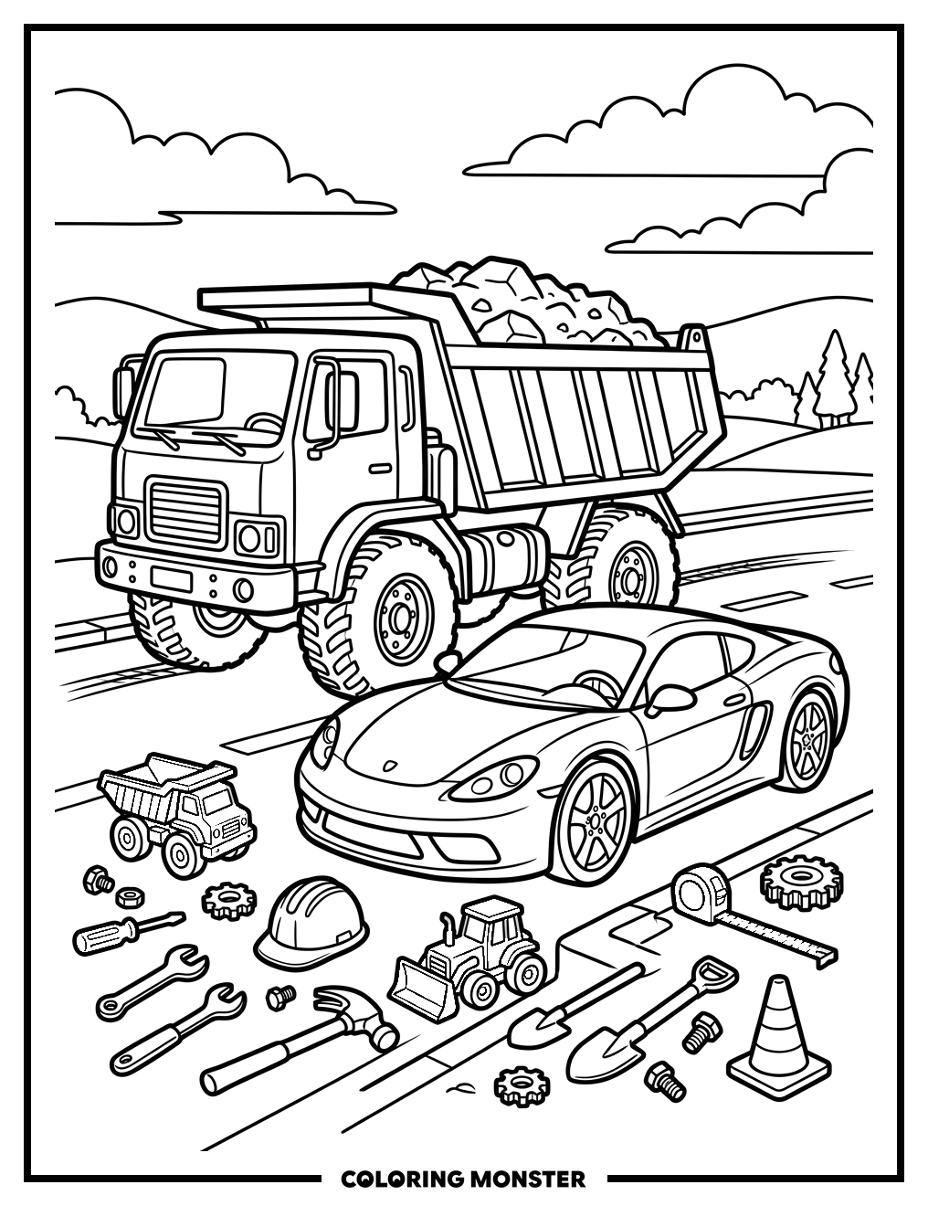 Dump Truck and Sports Car Coloring Page
