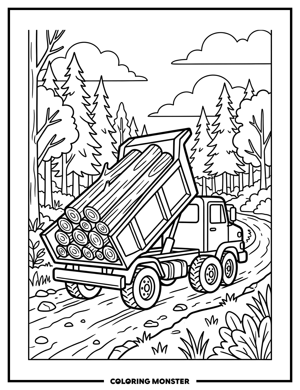 Dump Truck Carrying Logs Coloring Page