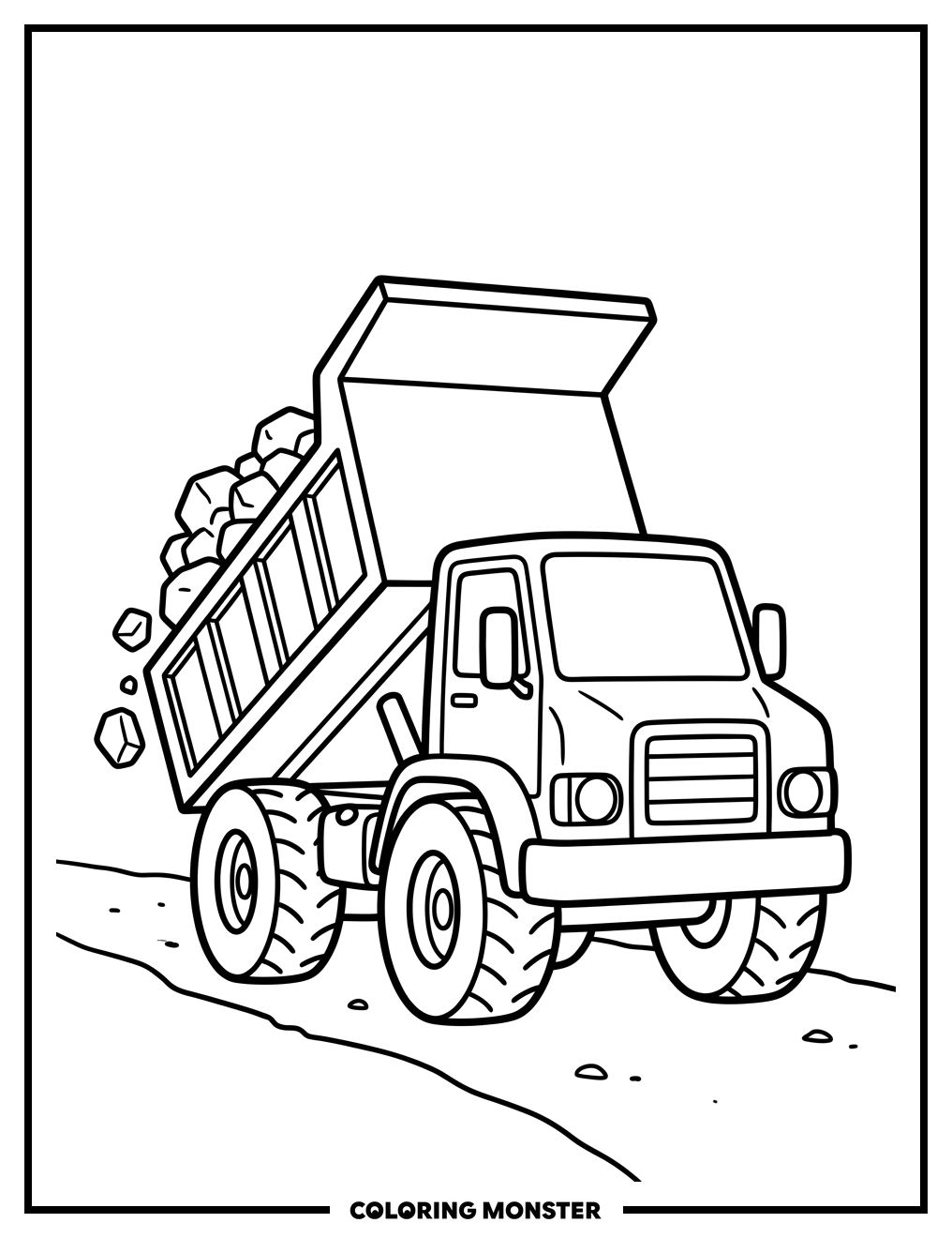 Dump Truck on Dirt Road Coloring Page