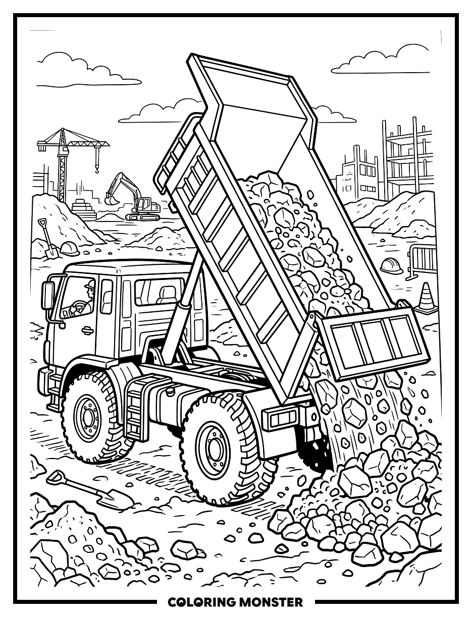 Dump Truck Pouring Rocks Coloring Page