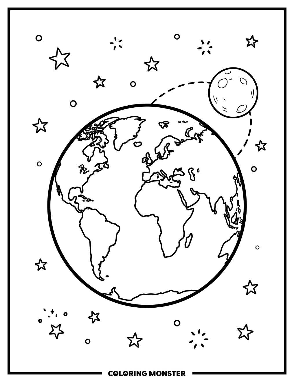 Earth and Moon in Space Coloring Page