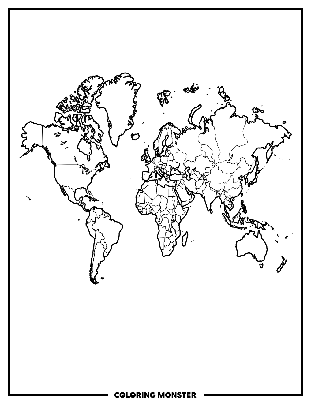 Earth Continents Flat Map Coloring Page