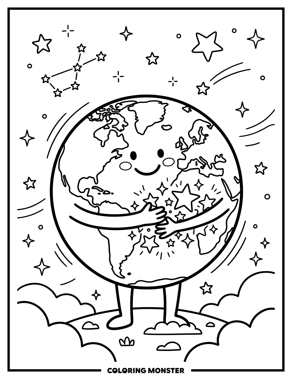 Earth Hugging Stars Coloring Page