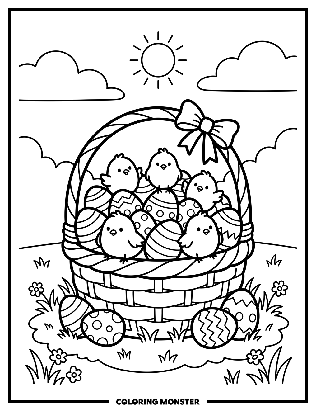 Easter Basket Overflowing With Eggs and Chicks Coloring Page