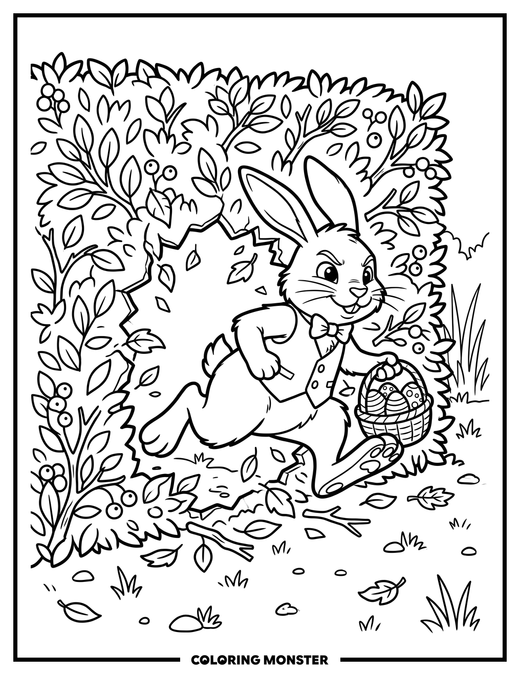 Easter Bunny Escaping Through Hedge Coloring Page