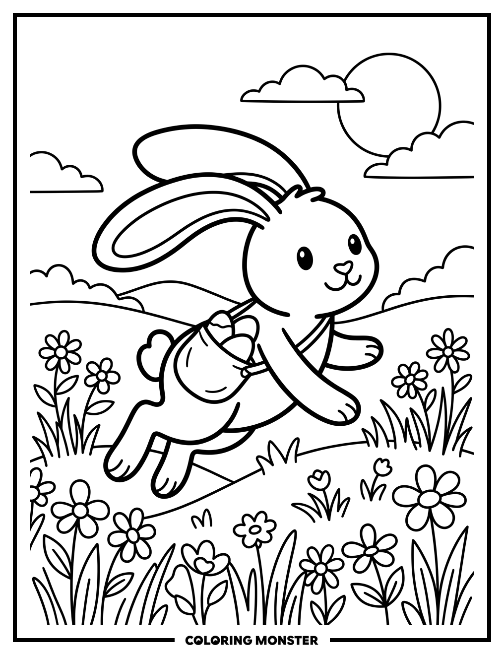 Easter Bunny Hopping Through Meadow Coloring Page