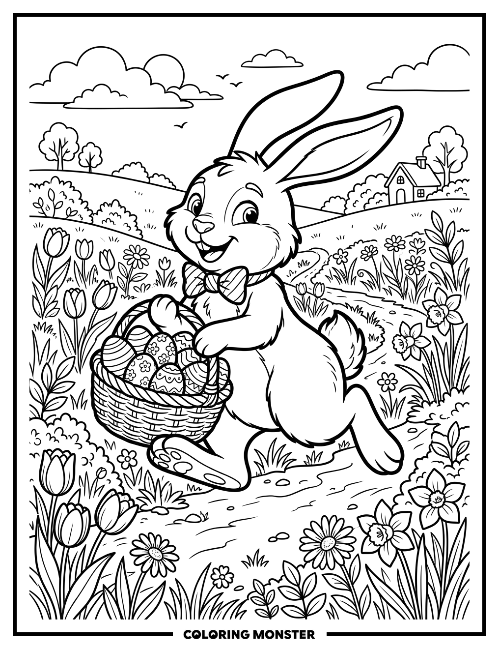 Easter Bunny Hopping Through Spring Flowers Coloring Page