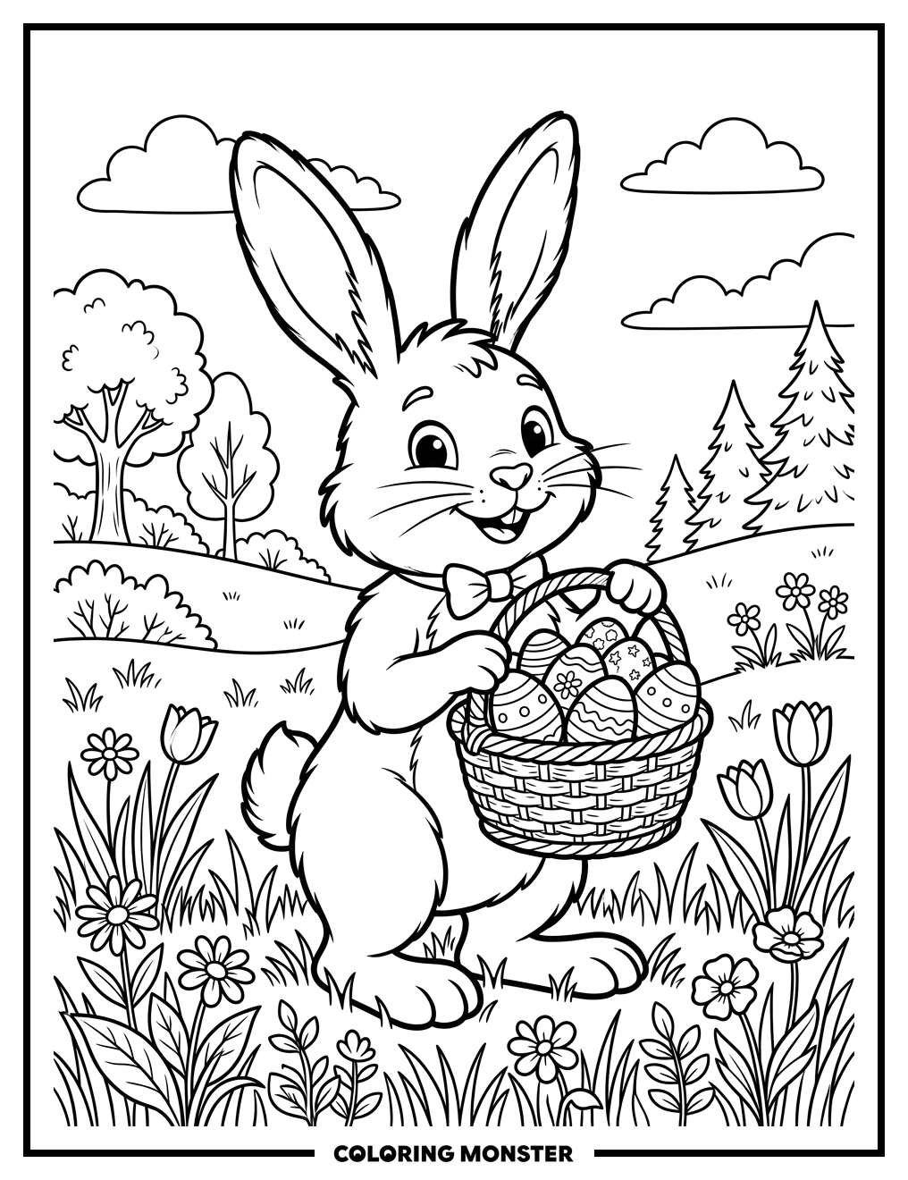 Easter Bunny With Basket Of Eggs Coloring Page