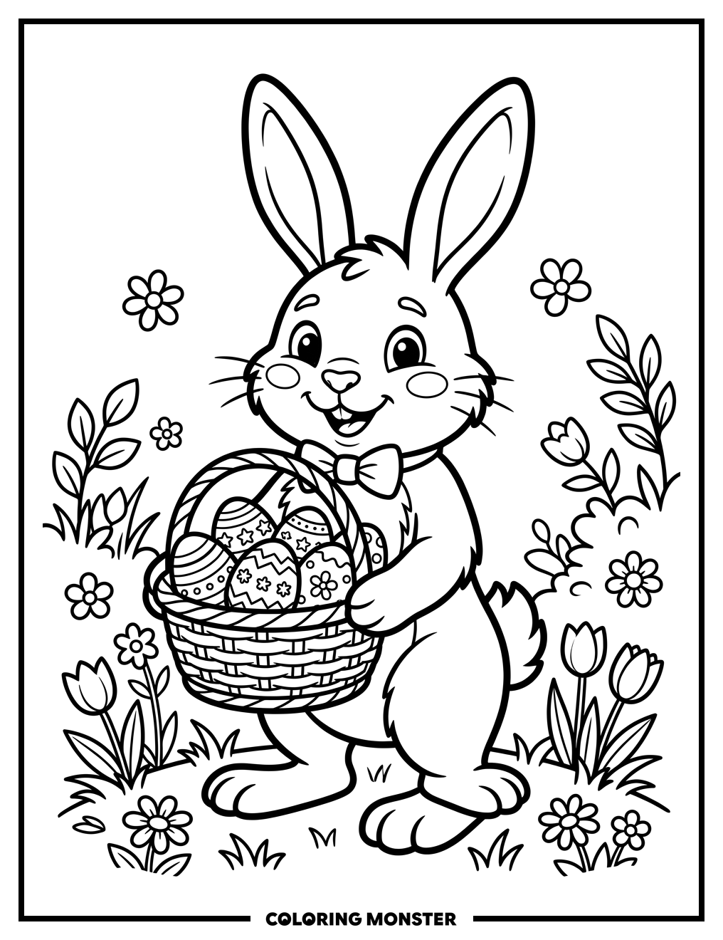 Easter Bunny With Basket Of Eggs Coloring Page