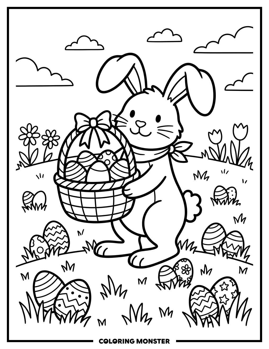 Easter Bunny With Basket of Eggs Coloring Page