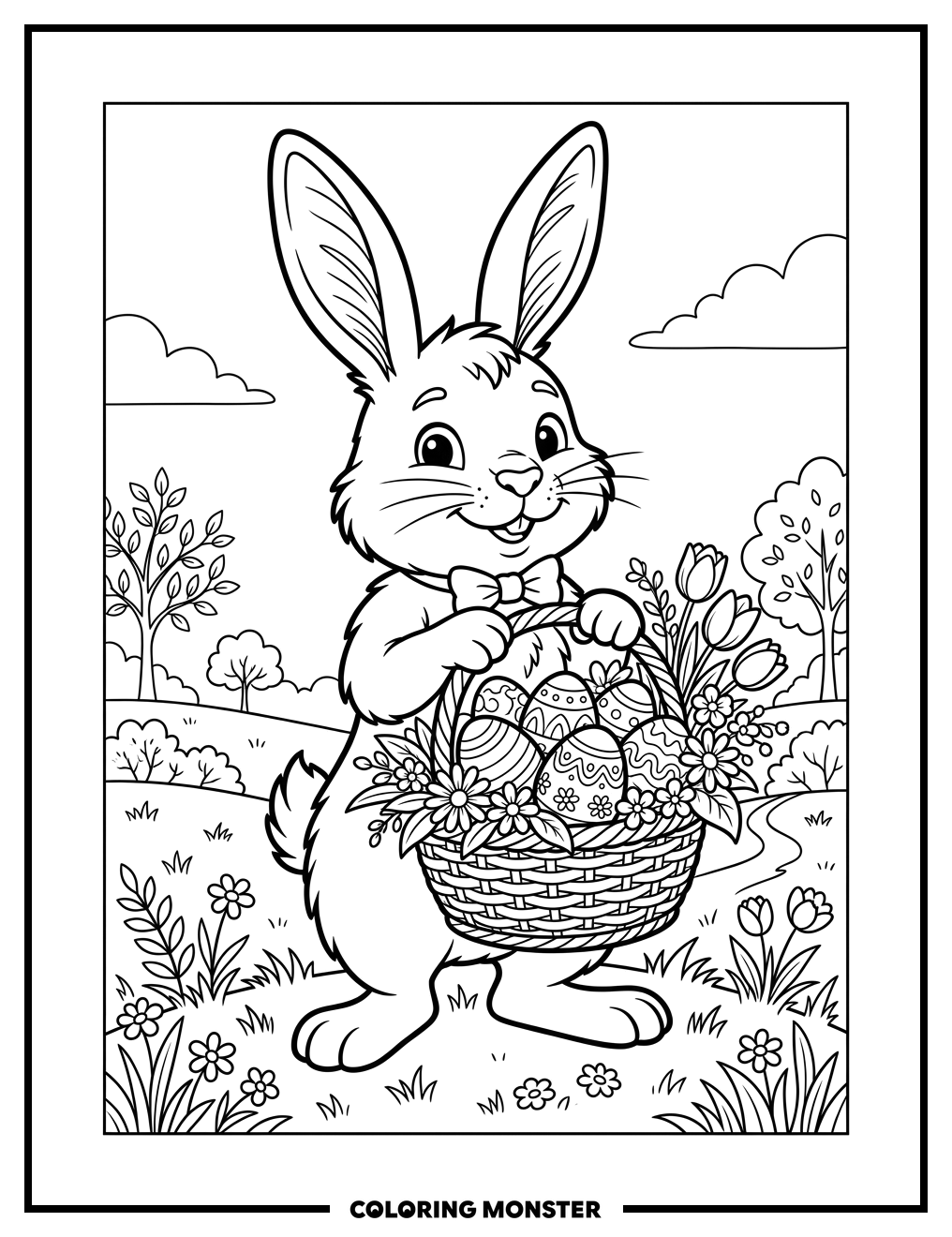 Easter Bunny With Basket Of Eggs Coloring Page