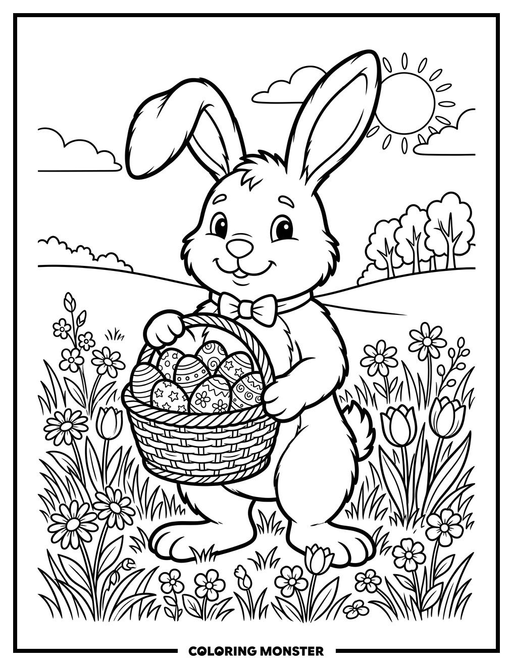 Easter Bunny With Basket Of Eggs Coloring Page