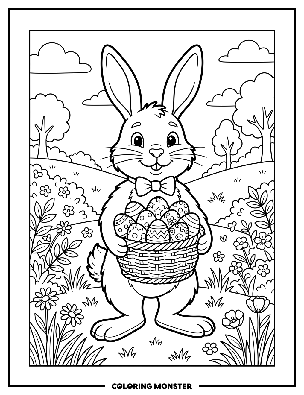 Easter Bunny With Basket Of Eggs Coloring Page