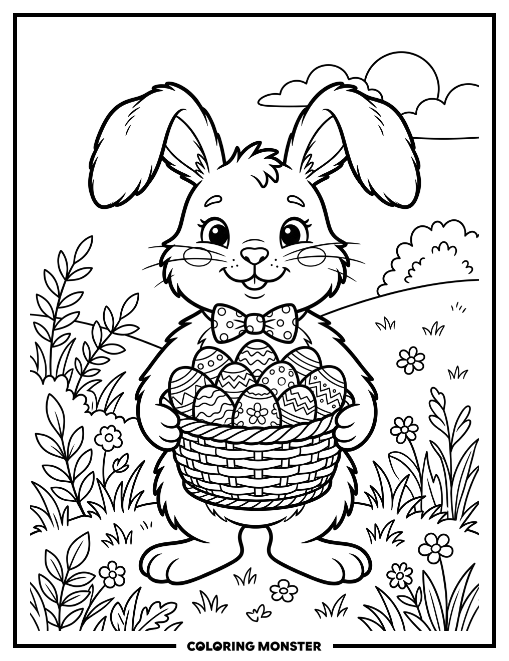 Easter Bunny With Basket Of Eggs Coloring Page