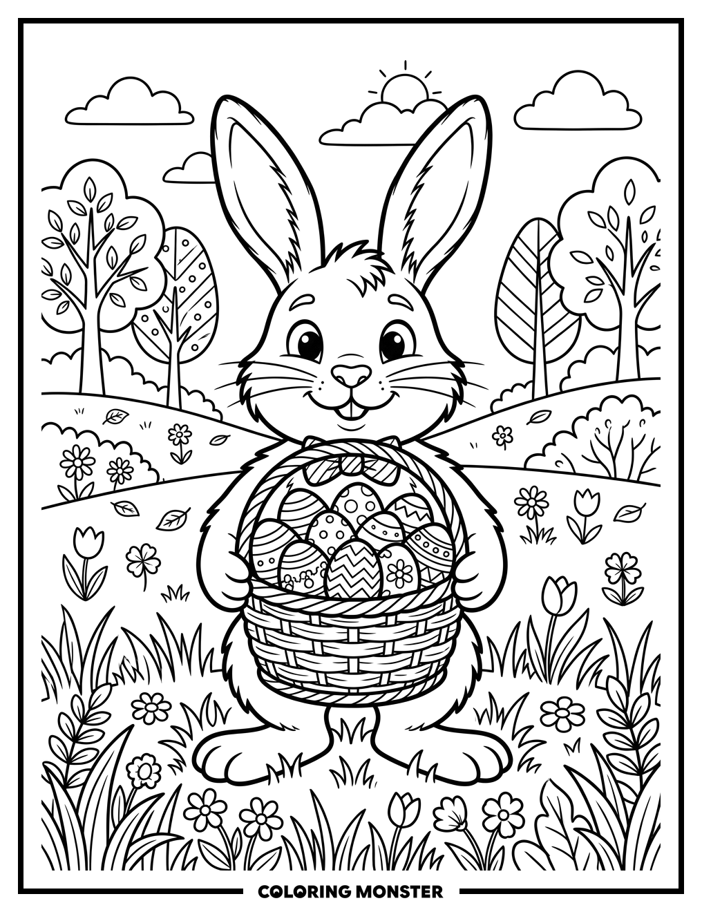 Easter Bunny With Basket Of Eggs Coloring Page