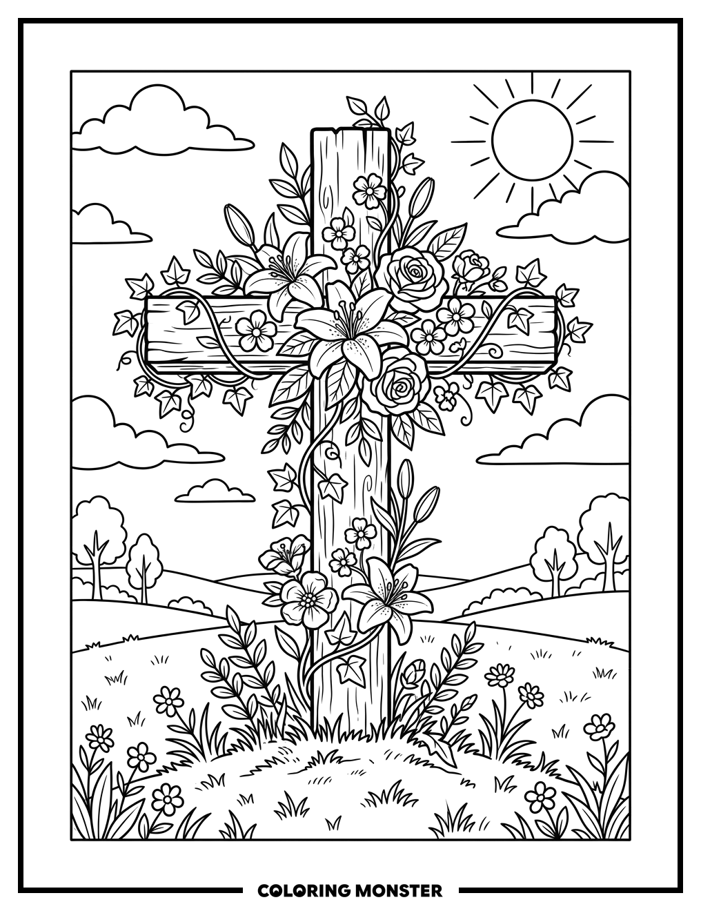 Easter Cross with Flowers Coloring Page